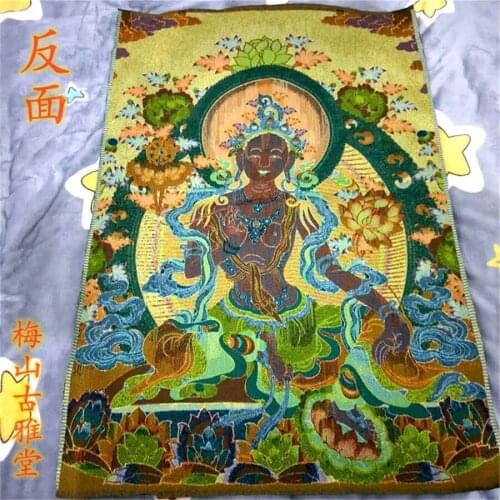 Tibetan Buddha silk embroidery Nepal gold silk thangka portrait black gold just green tara