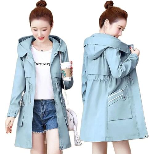 Fashion Womens Trench Coat 2020 New Spring Autumn Coat Mid-Long Hooded Slim Solid Color Casual Windbreaker Outwear Tooling