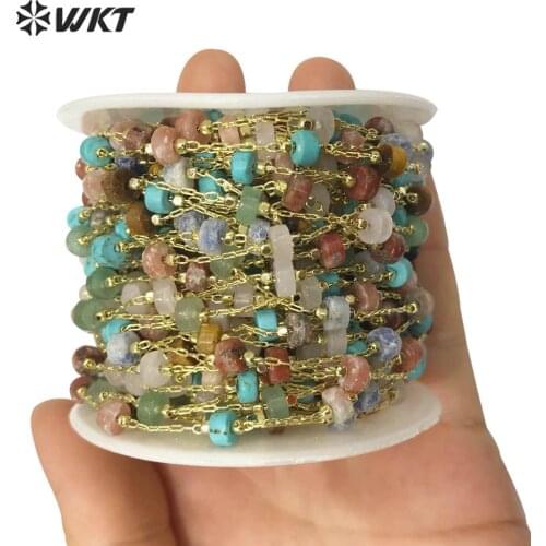 WT-RBC133 Women fashion accessory gold beads chain 6mm natural stone beads rosary necklace chain sell by meter