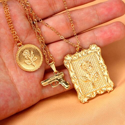 Flatfoosie Fashion Punk Carved Rose Flower Square Pendant Necklace For Women Gold Silver Color Long Chain Necklaces Jewelry Gift