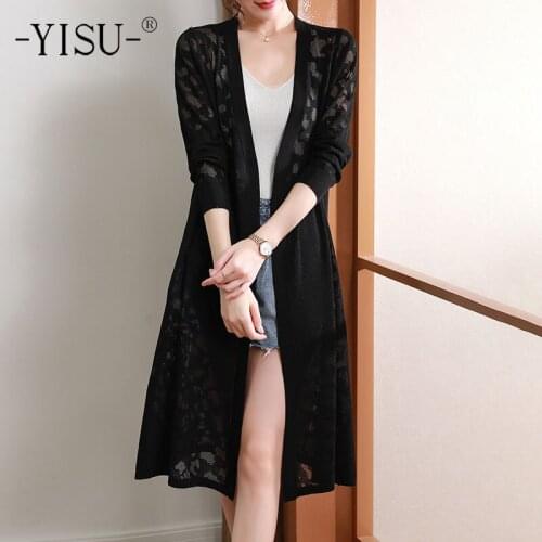 YISU Women Long section Cardigan Solid color V-Neck Middle sleeve Coat Long sleeve Casual Female 2021 Fashion Transparent Tops