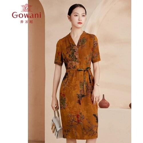 Gowani Women Dress V-neck Fashion Silk Ladies Dresses Knee-length for Summer 100% Silk Luxury Event Dress