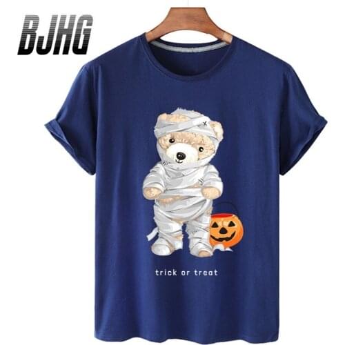 100% Cotton Halloween Bear Print Short-sleeved T-shirt Female Half-sleeved Summer Casual Oversized T-shirt Male Shirt S-4XL
