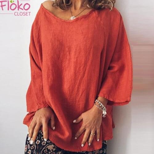 Flokocloset Cotton Linen Solid Color Loose T-shirt Top Women Autumn Spring Long Sleeve O-Neck Tops Tees