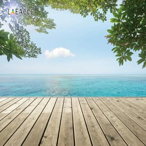 Laeacco Blue Sky White Clouds Sea Trees Wooden Floor Photography Backdrops Summer Holiday Photo Backgrounds Baby Photo Studio