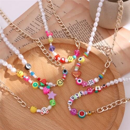Fashion Y2K Pearls&Chains Chokers Necklace For Women Colorful Beads Clay Smiley Charm Clavicle Necklaces Gift Jewelry 2021 New