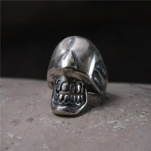 S925 Sterling Silver Fashion Personality Exaggerated Unique Domineering Skull Mens Retro Thai Silver Ring Open Ended Ring