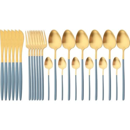 24Pcs Blue Gold Cutlery Set Knife Fork Tea Spoon Dinner Tableware 304 Stainless Steel Dinnerware Set Kitchen Flatware Silverware