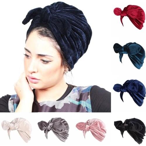 New Women Bow Velvet Head Scarf Stretchy Turban Muslim Hat Headband Female Hijab Caps Knotted Indian Cap Head Wrap for Women