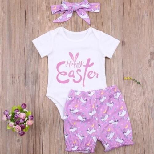 Newborns Three Piece Easter Set, Girls Lettering Printed Bodysuits Rabbit Pattern Shorts Hair Band for Baby Summer 2021