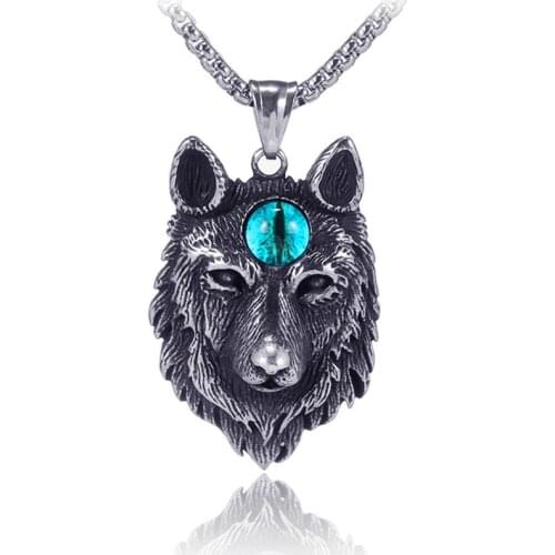 Pop Hip Hop Jewelry Wolf Pendant Necklace Long Chain Gothic Stainless Steel Vintage Punk Necklace Blue Crystal Eye