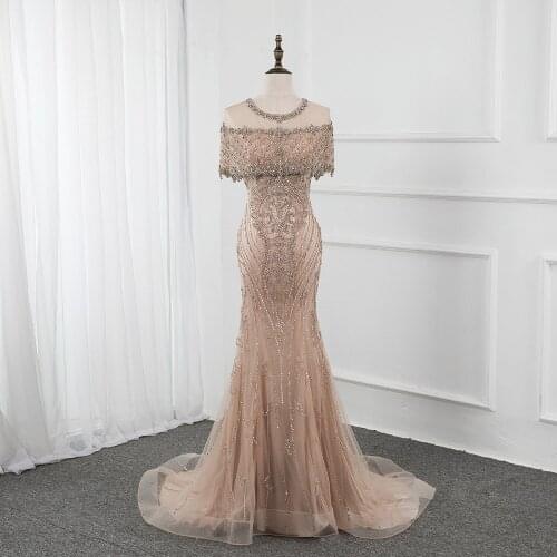 YQLNNE Luxury Champagne Rhinestones Evening Dresses Long O Neck Tulle Beaded Mermaid Evening Gown Formal Party Dress Sleeves