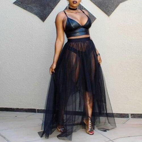 Sexy Black See Thru Asymmetrical Tulle Skirts Women 2021 High Street Summer Sheer Long Tulle Skirts Maxi Skirt