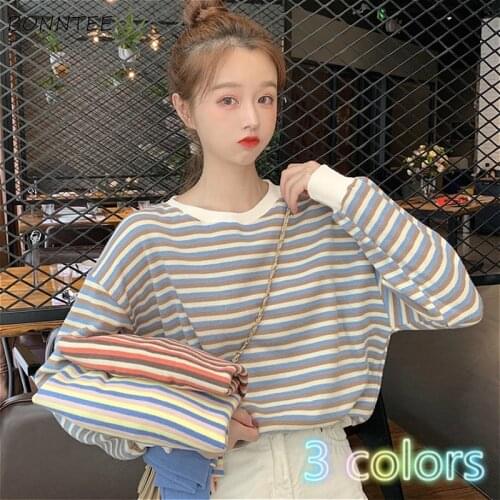 Hoodies Women Chic Striped Spring Trendy Korean O-Neck Womens Crop Sweatshirts Leisure Loose Sweet Preppy Girls Pullovers 2020