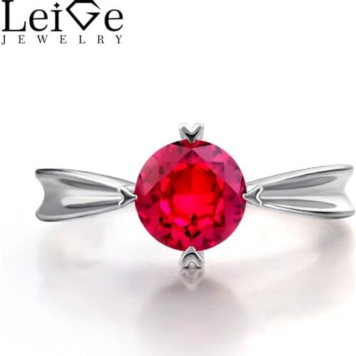 Leige Jewelry Ruby Rings Sterling Silver 925 Round Cut Solitaire Gemstone Engagement Promise Rings for Women Fine Jewelry
