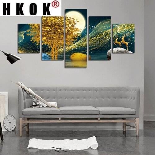 HKOK 5 Pcs Golden Tree Deer Moon Canvas Painting Prints Abstract Wall Decorative Posters Pictures Home Decor Wall Art Unframed