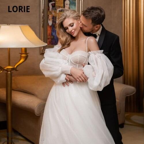 LORIE Glitter Wedding Dresses 2021 Spaghetti Straps Beaded with Pearls A-Line Long Puff Sleeves Princess Bride Gown 2021 Boho