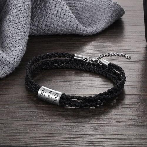 Customize Braid Rope Stainless Steel Bracelet For Men Engraved Names Beads Wrist Wrap Bracelet