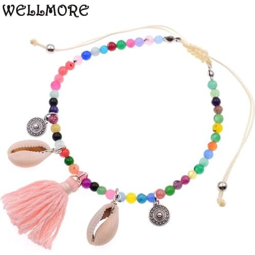WELLMORE women anklet BOHO tassels shell Anklets for women natural beads 4MM beach Anklet bracelets summer Foot Party Jewelry
