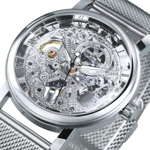 WINNER Casual Watch Men Skeleton Mechanical Women Mens Watches Silver Mesh Band Top Brand Luxury Couple Wristwatches Gift часы