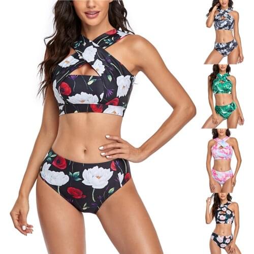 Women’s Printed 2Pcs Bikini Suit, Cross Straps Tank Tops with High Waist Triangle Bottoms for Swimming