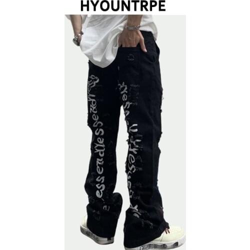 Fashion Back Letters Printed Denim Flare Jeans Mens Zipper Straight Trouser Hip Hop Destroy Holes Streetwear Jean Pants Joggers