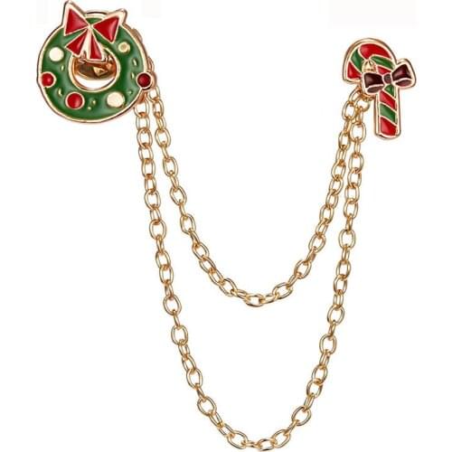 Enamel Bowknot Wreath Lapel Pin Badge Metal Chain Christmas Fashion Jewelry