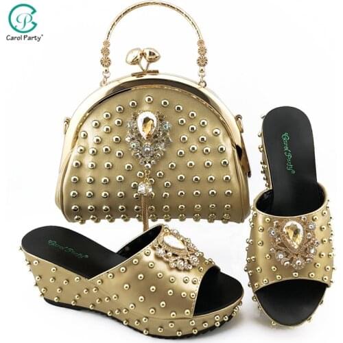 Matching Shoes and Bag Set Gold Color Italian Ladies Shoe and Bag Set Decorated with Rhinestone African Party Shoes