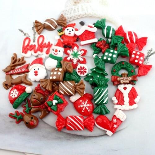 Wholesale Christmas Style Resin Cabochons 50pcs Red Green White Santa Clause Snowman Candy Glove Deer Tree Bell Cameo Stickers