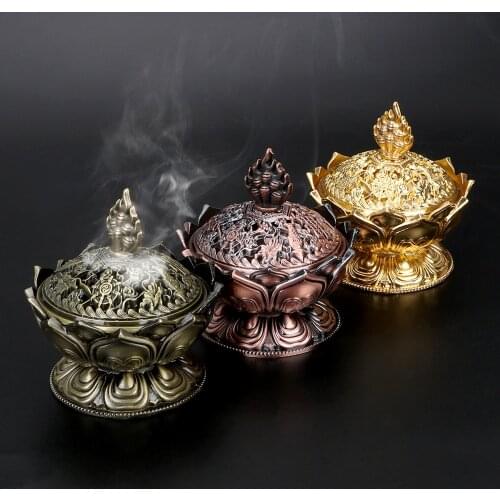 Lotus Flower Sandalwood Censer Zinc Alloy Incense Burner for Home Office Teahouse Use Chinese Buddha Incense Holder Home Decor