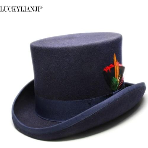 LUCKYLIANJI Womens Men High Round Flat Top Mountain Chicken Feathers Wool Felt Magician President Lincoln Gentleman Bowler Hat