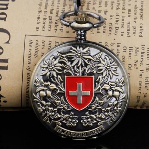 Engraved Switzerland Red cross Hollow Hand Wind Mechanical Pocket Watch Mens and Women Bronze Tone for Birthday Gift PJX013