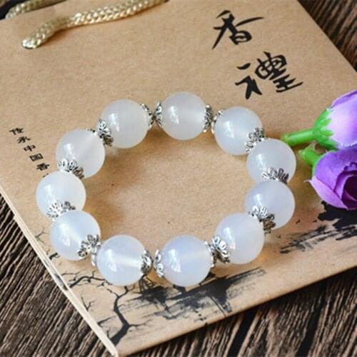 Fashion Bracelet Natural Chalcedony White Round Beads Women Men Jewelry