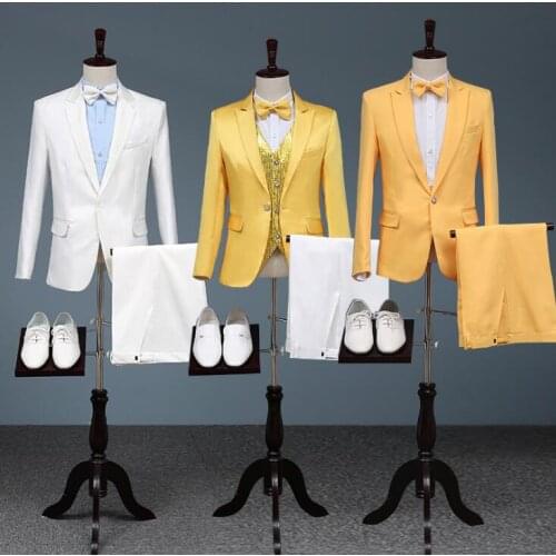 White 2020 new arrival singer stage slim men yellow suit set with pants mens suits wedding groom formal dress suit + pant + tie