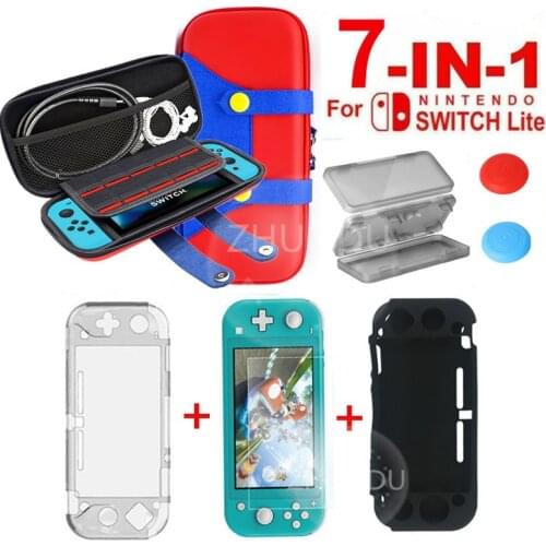 7 In 1 Game Accessory Set Red Green For Switch Lite Carrying Case Bag+silicon Shell Cover+Tempered Glass Protector Cases