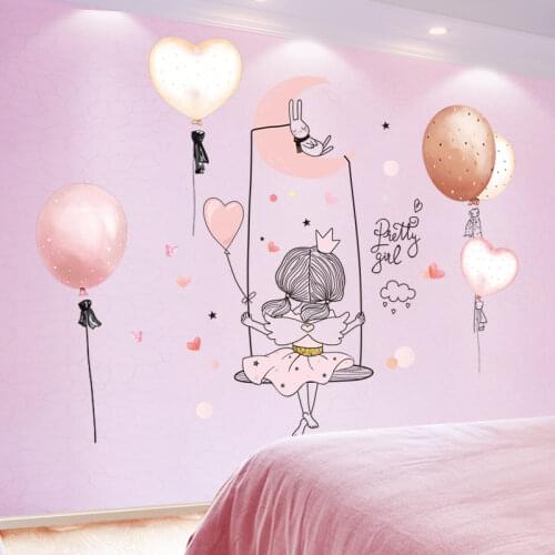 Girl on the Swing Wall Stickers DIY Cartoon Balloons Mural Decals for Kids Rooms Baby Bedroom Nursery Home Decoration