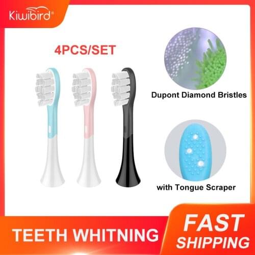 4PCS Kiwibird Toothbrush Head Replacement Dupont Bristles Electric Brush Head Food-grade ABS757 Brush Head with Tongue Scraper