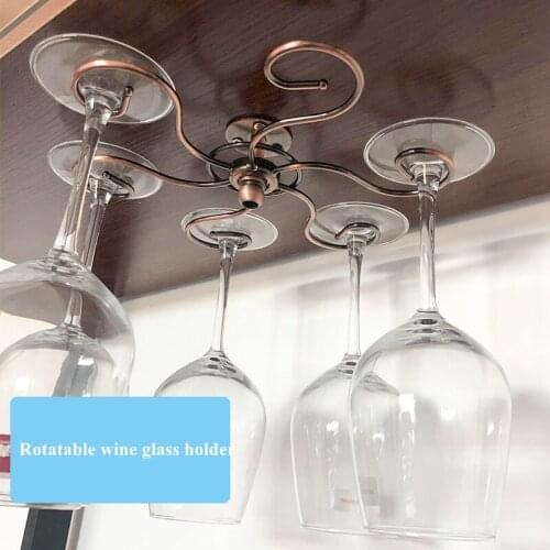 Stainless Steel Bronze 6 Cups Wine Glass Holder Rotatable Hanging Wine Cup Holder Kitchen Bar Goblet Stemware Storage Rack Shelf