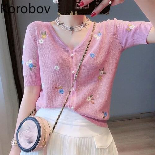 Korobov 2021 Autumn New Women Cardigans Korean Elegant V Neck Short Sleeve Single Breasted Sweaters Flower Embroidery Cardigan