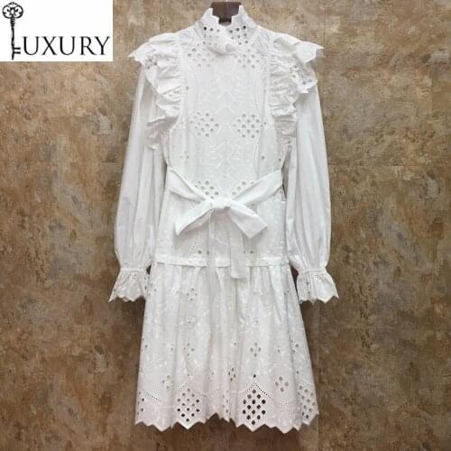 Autumn Top Quality 2020 Fashion White Pink Women Stand Neck Allover Exquisite Embroidery Long Sleeve Party Cotton Dress