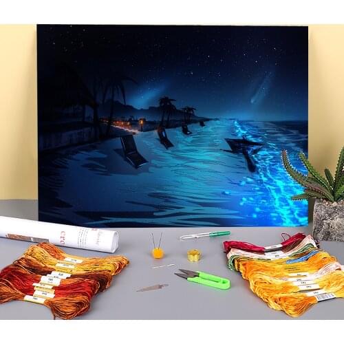 Scenery Blue Sea Printed Water-Soluble Canvas 11CT Cross Stitch Embroidery Patterns DMC Threads Handicraft Painting Floss