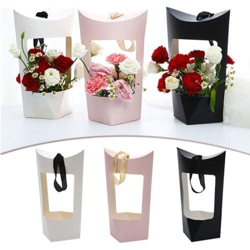 Portable Flower Box Kraft Paper Handbag Gift Packaging Bag Florist Handy Wrapping Wedding Party Favor Bouquet Cardboard Boxes