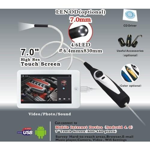 Handheld USB Video Inspection Borescope Endoscope 830mm Flexible Tube 7mm Waterproof Camera Head with 7 inch Android Monitor