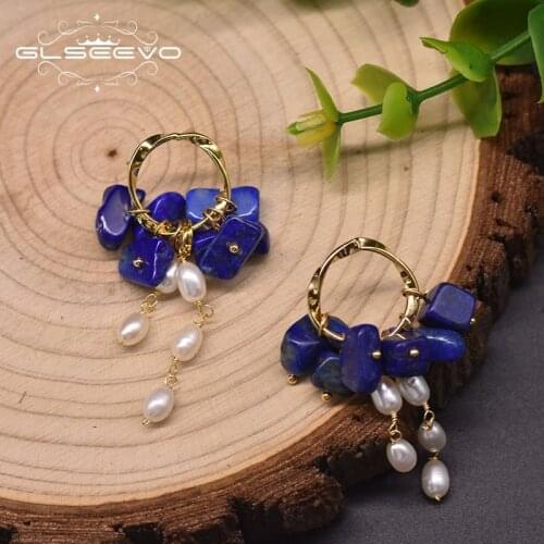 GLSEEVO Tiger Lapis Freshwater Pearl Drop Earrings For female Anniversary Ear Pin 925 Sterling Silver Fashion jewelry GE0991H