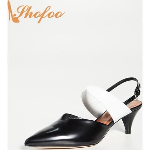 Black White Pumps Slingback High Cone Heels Buckle Strap Women Pointed Toe Large Size 15 16 Ladies Woman Fashion Shoes Shofoo