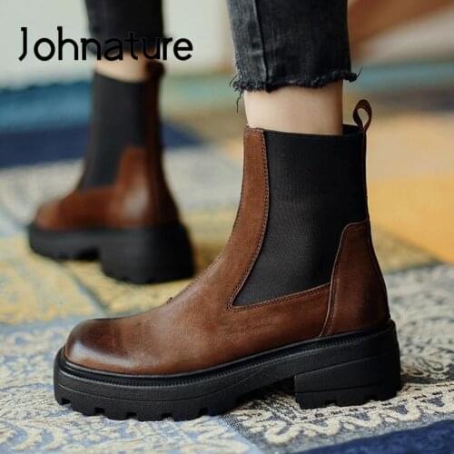 Johnature Chelsea Boots Women Shoes Genuine Leather 2021 New Winter Round Toe Handmade Fashion Concise Ankle Platform Boots
