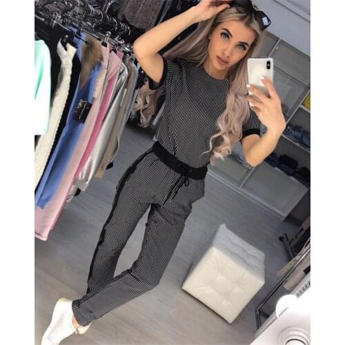 2018 Promotion Cotton Polyester New Summer Women Fashion Suits Stripe Hit Color Short-sleeved Shirt + Trousers Two-piece Female