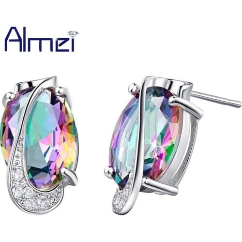 Almei 2017 Bride Earring Initial Rainbow Red Green Blue Stones Silver Color Stud Earrings for Women Female Jewelry Ohrring R748