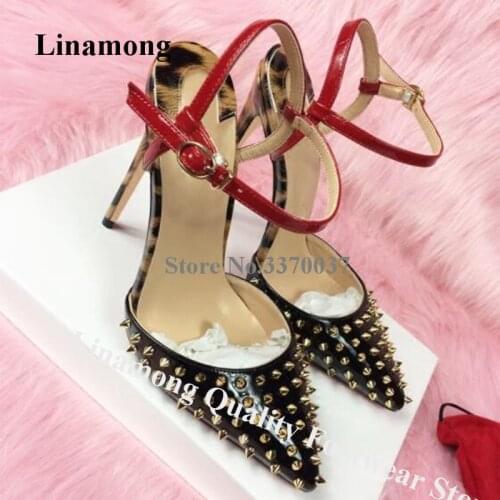 Linamong Sexy Pointed Toe Rivet Stiletto Heel Pumps Cut-out Ankle Straps Buckles Studded High Heels Formal Club Dress Heels