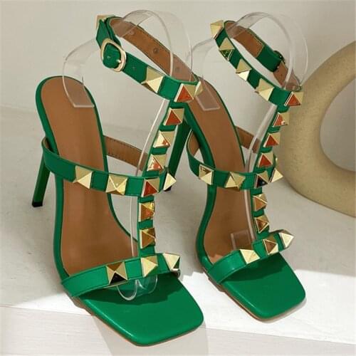 2021 Summer Women Fetish 11cm High Heels Lady Rivets Strap Platform Sandals Gladiator Stiletto Heels Sandle Stripper Green Shoes
